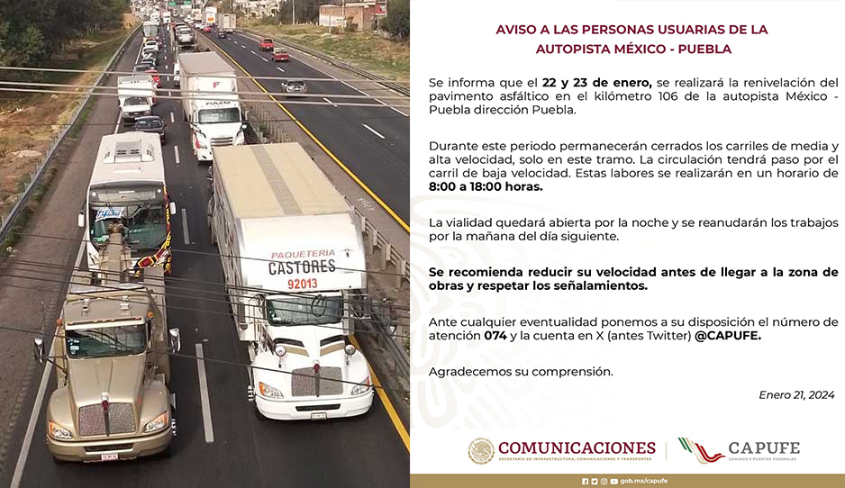 ¡Atención conductor! Habrá cierre de carriles en la México-Puebla por ...